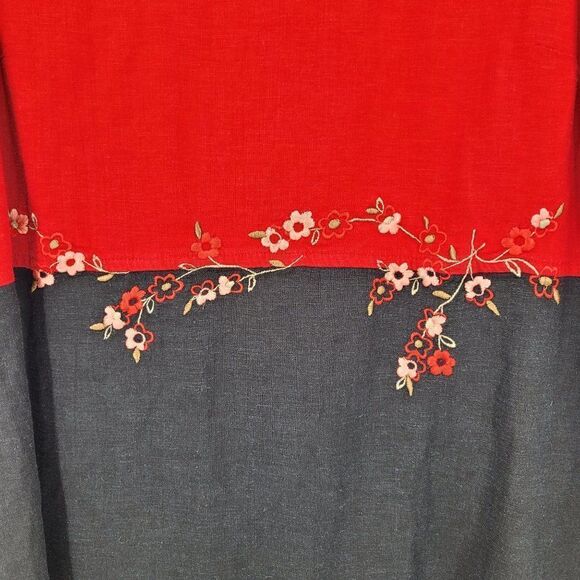 Vintage 90s Linen Sleeveless Shift Dress 10 Red Black Floral Embroidered - Picture 5 of 15